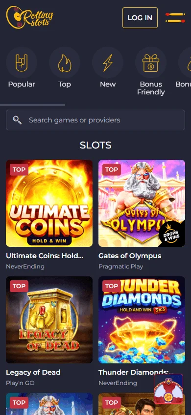 Rolling Slots Casino mobile casino interface with game categories