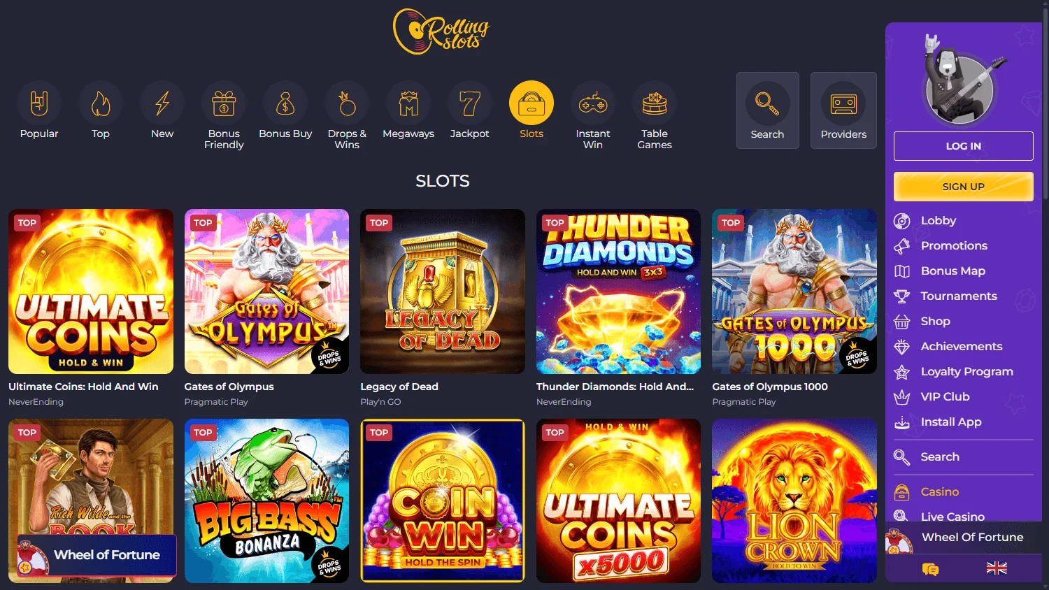 Rolling Slots Casino desktop live casino lobby with roulette and blackjack games