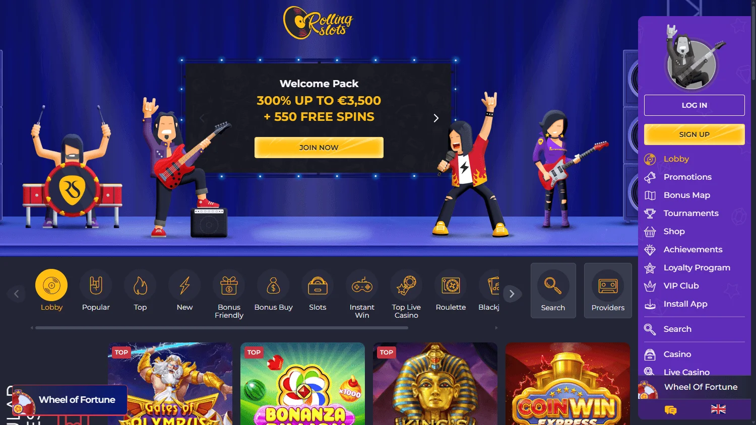 Rolling Slots Casino desktop games lobby with casino categories and game titles