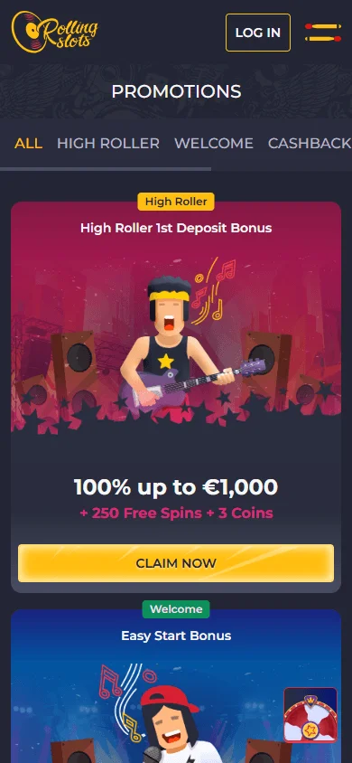 Rolling Slots Casino mobile promotions area with bonus offers