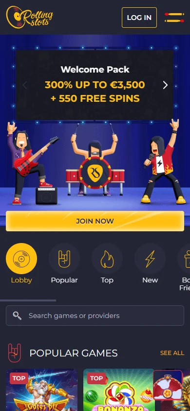 Rolling Slots Casino mobile games lobby on a smartphone