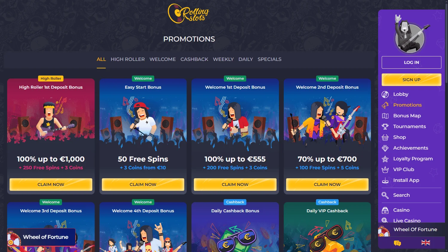 Rolling Slots Casino desktop promotions area with welcome and deposit offers